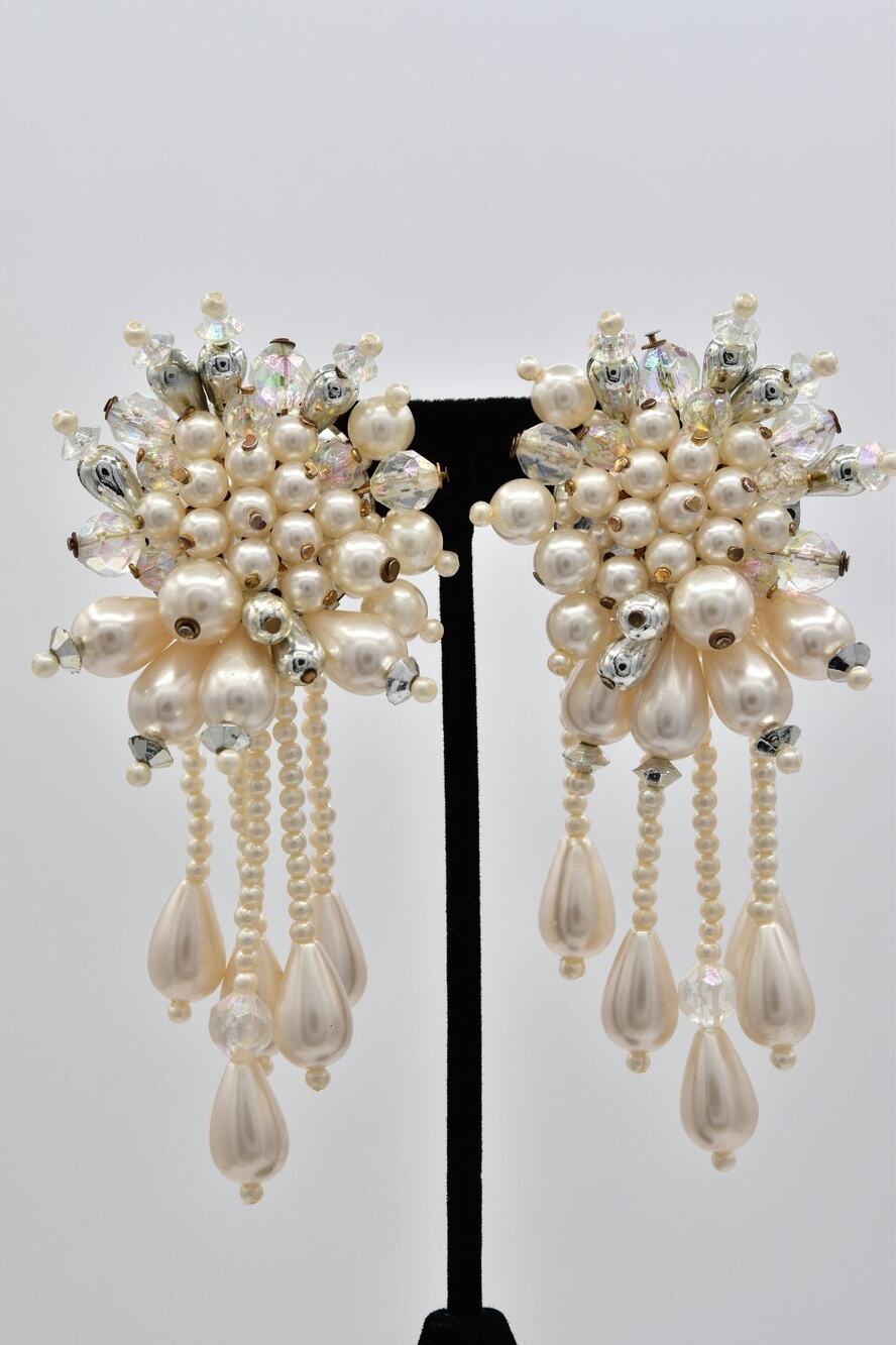 Vintage Pearl AB Crystal Chandelier Clip On Earrings Bridal Statement 80s BinAZ